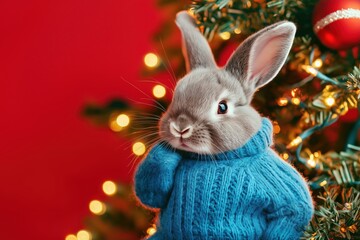 A charming grey rabbit wearing a cozy blue sweater poses among festive holiday decorations and shimmering lights