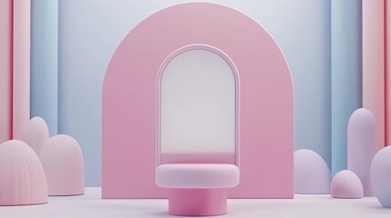 A modern, minimalistic pink interior scene with geometric shapes against a pastel background.