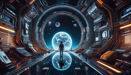 Obraz premium An intriguing exploration of sci-fi fiction unveils its potential to question reality through themes of advanced technology, parallel worlds, and the exploration of the cosmos, Generative AI