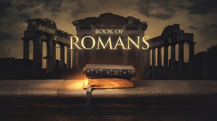 A Bible glows softly on a darkened stone ledge, with Book of Romans written in radiant gold letters above.
