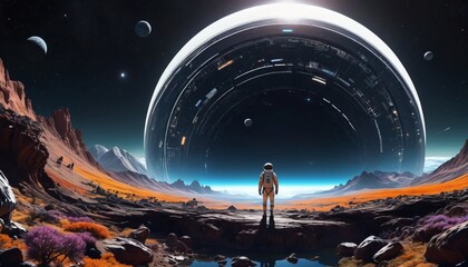 Fototapeta premium A thought-provoking examination of sci-fi fiction uncovers its role in reflecting societal issues while exploring themes like space colonization, time travel, and human evolution, Generative AI