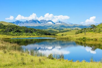 A serene landscape featuring a tranquil lake surrounded by lush greenery and majestic mountains under a clear blue sky.
