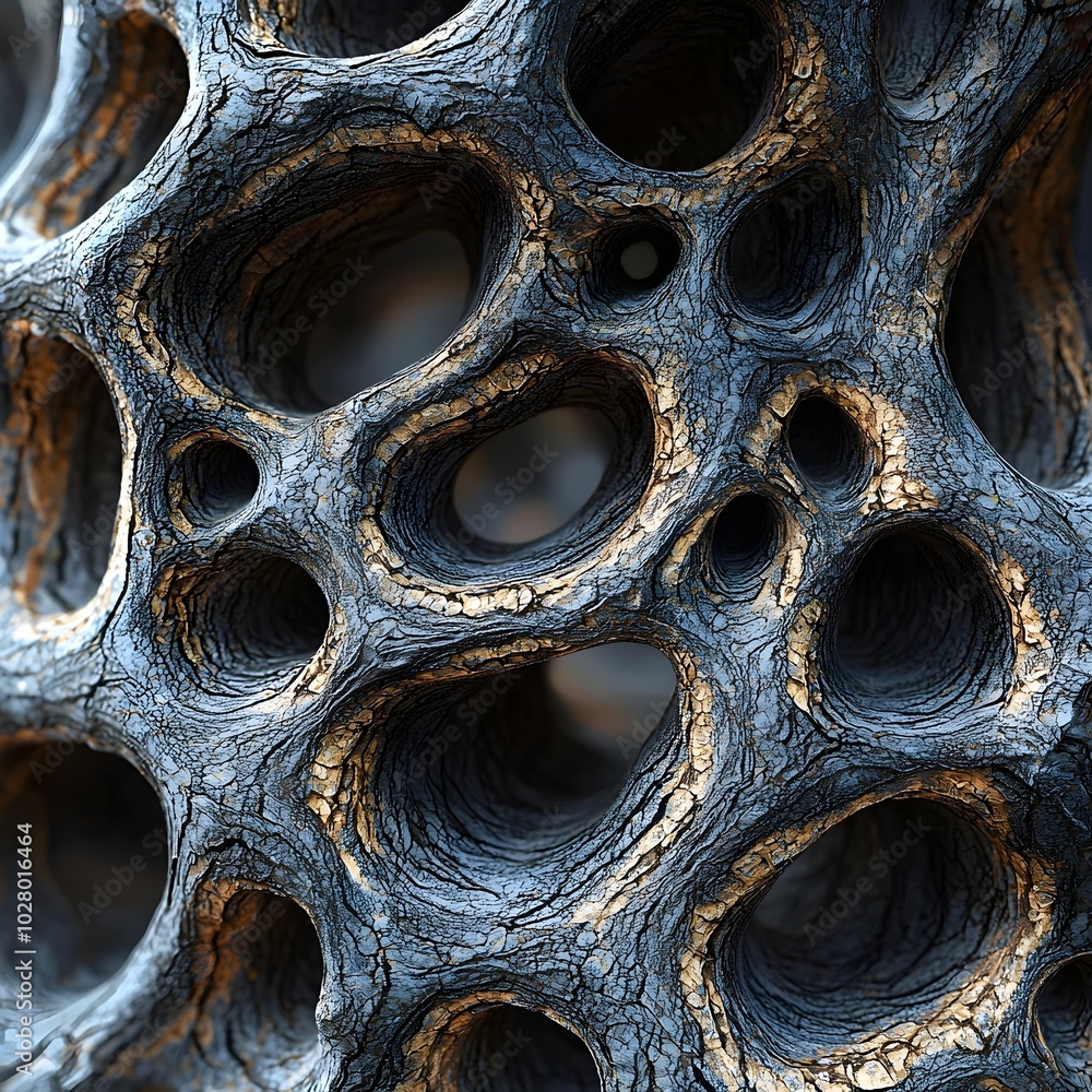 Poster close-up of a textured, abstract surface with intricate details. the dark, almost black, surface is 