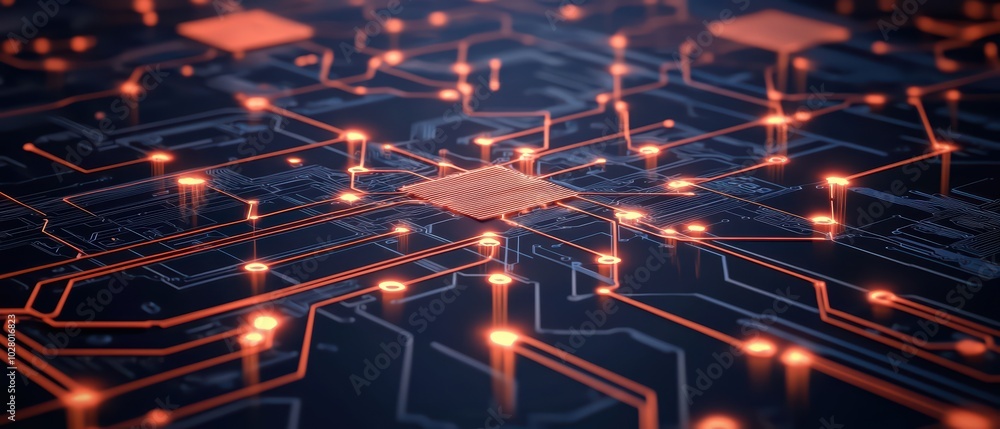 Poster abstract close-up of a computer circuit board with glowing connections and a central processor on a 