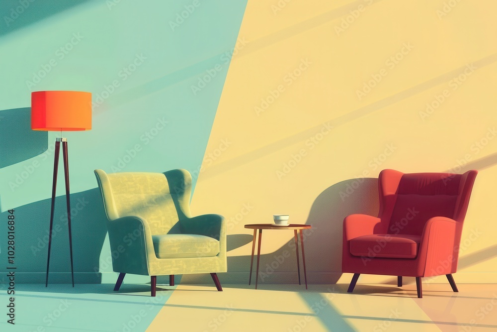 Poster various silhouettes of an armchair, table, and lamp create a stylish arrangement against a light gra