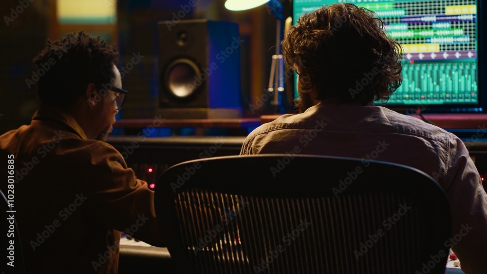 Poster sound designer working with artist to create a new song for his album, recording multiple tracks and