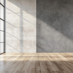 two grey seamless backdrops of differnt tones layered floor to ceiling one slightly in front of the other, wood floors, large room