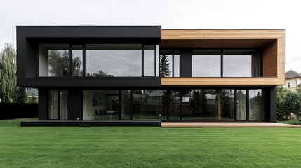 Contemporary home design with black and wood facade, large glass windows reflecting the green lawn outside, in a minimalistic style