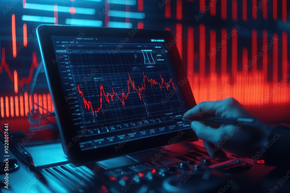 Poster close-up of a hand operating a tablet displaying chart data in a high-tech environment with vibrant 