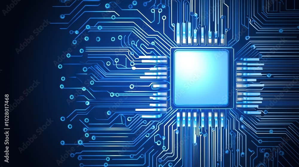 Poster close-up of a microchip surrounded by intricate circuit patterns on a dark background.