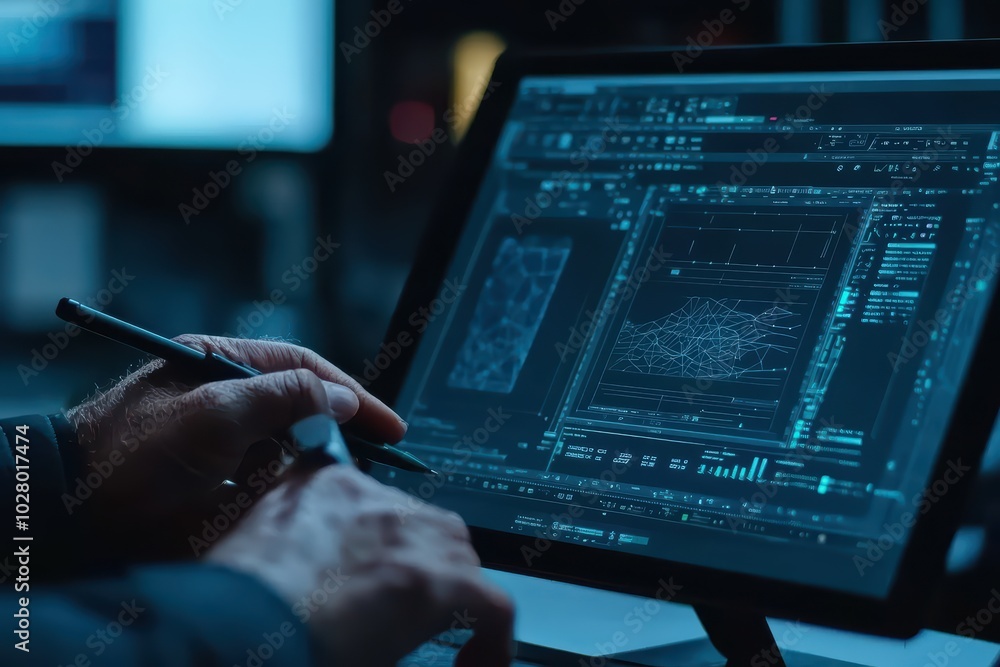 Poster close-up of a person using a stylus on a tablet displaying digital graphs and charts in a high-tech 