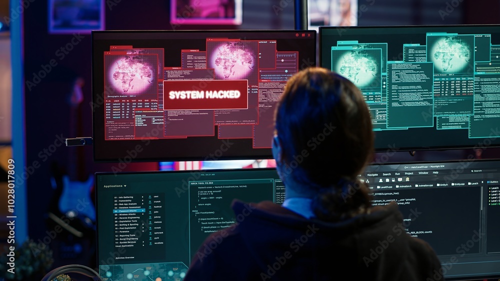 Poster happy hacker in apartment having burst of joy after managing to steal valuable data, using phishing 