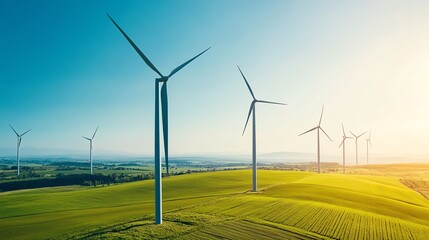 A scenic view of wind turbines in a green field under a clear sky, symbolizing renewable energy and sustainable development.