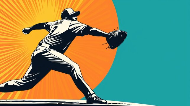 Dynamic baseball pitcher in action, vibrant sunburst background, showcasing athletic prowess and intense focus.