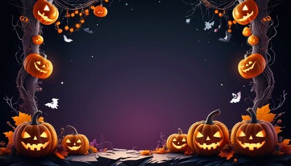 Fototapeta premium A festive Halloween party border design filled with spooky elements like pumpkins, ghosts, and cobwebs, creating a fun and vibrant atmosphere for any Halloween celebration, Generative AI
