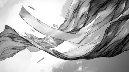 an illustration close up of a single page of paper blowing in the wind, storyboard, black and white, pencil drawing