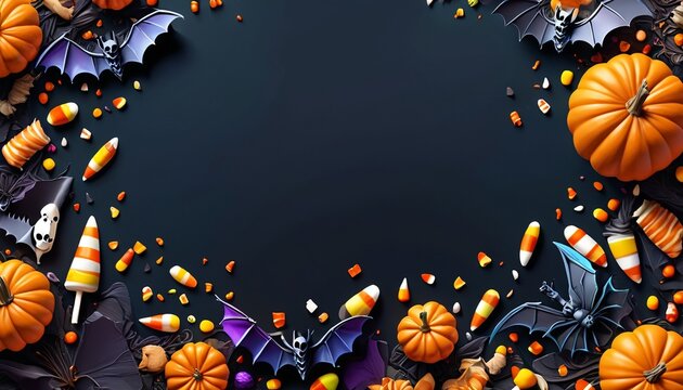 An imaginative Halloween party border features playful motifs such as bats, skeletons, and candy corn, setting a whimsical tone for invitations or decorations at any Halloween event, Generative AI