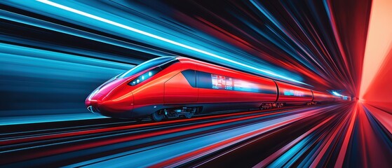 Futuristic high-speed train in motion, with vibrant light trails creating a dynamic atmosphere.