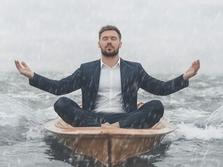 A businessman meditating calmly in a wooden boat amidst a heavy rainstorm on a tranquil ocean, staying calm in tough times