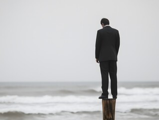 A businessman in a suit stands on a pier post, gazing pensively at the ocean waves during a cloudy day at the seaside. Concept of failure, bad luck, hopelessness, frustration