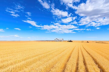 Obraz premium Golden wheat field under a bright blue sky with fluffy clouds and a barn in the distance, showcasing rural tranquility.