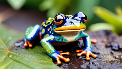 Obraz premium A charming ceramic miniature frog, painted in vibrant hues and designed with whimsical features, perfect for adding a playful accent to garden decor or as a unique collectible, Generative AI