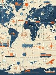 This detailed global map illustrates major transport routes, highlighting icons for land, air, and sea transportation methods. Generative AI