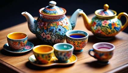A lovely ceramic miniature tea set, intricately crafted with colorful patterns, perfect for display or as a unique gift for tea enthusiasts, embodying elegance and charm, Generative AI