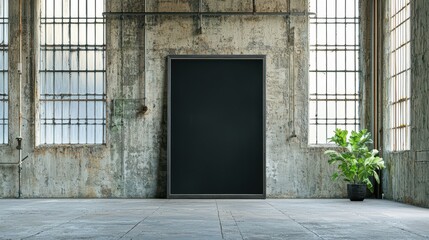 Fototapeta premium Interior of an industrial space featuring concrete walls, large windows, and a solitary plant in a pot.
