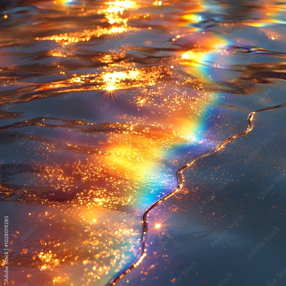 Poster a close-up shot of sparkling water reflecting a rainbow, creating a mesmerizing display of color and