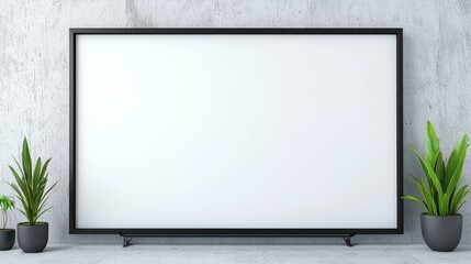 Obraz premium Modern interior featuring a blank screen on a concrete wall with potted plants, perfect for presentations or home decoration.