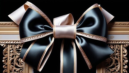 A chic satin bow adorned with decorative trim, elegantly contrasted against a black background, radiating sophistication and style, perfect for invitations or upscale decor, Generative AI