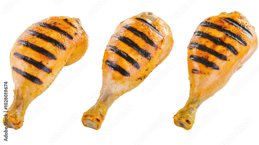 Poster grilled chicken legs arranged on a white background ready to serve generative ai