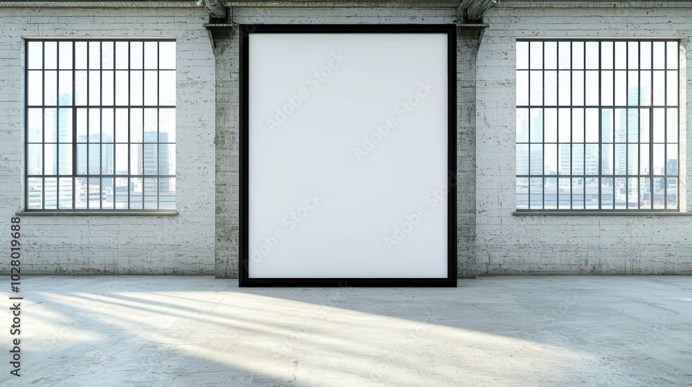 Poster spacious gallery with large windows and a blank canvas for artwork display.