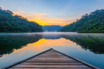Fototapeta premium Serene lake at sunrise with mist, surrounded by lush greenery and a wooden pier in the foreground.