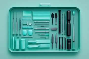 Set of surgical tools arranged neatly in a mint green tray on a solid background.