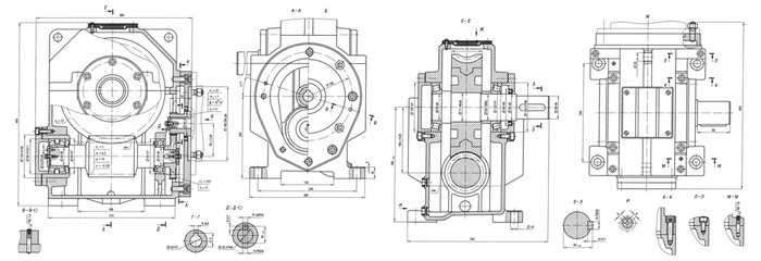 Engineering mechanical pencil drawing of steel devices
(reducer, gearbox, engine)
with dimension lines. Industrial 
cad scheme on white paper sheet. Technology background
of machine building industry.
