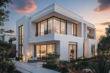 Detailed  image of a modern two-story house with white walls, flat roof, and glass windows, accented by a garden and sunset lighting