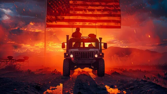 United States of America soldiers walking in the desert with an American flag