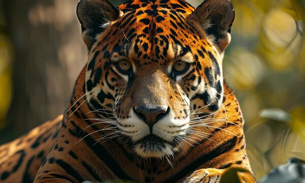 Jaguar lounging in the tropical rainforest during the golden hours of dusk