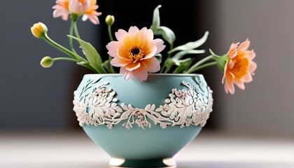 A delicate ceramic miniature vase, beautifully crafted with intricate details and soft colors, perfect for displaying small flowers or as an elegant decor piece, Generative AI