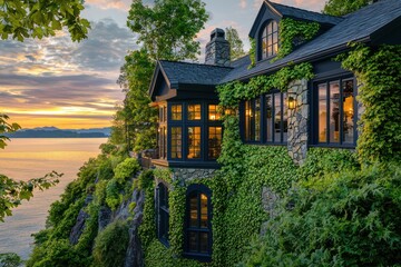 Fototapeta premium Detailed view of a craftsman-style home with lush greenery and navy windows, captured at sunset on a cliff overlooking the water, in a aspect
