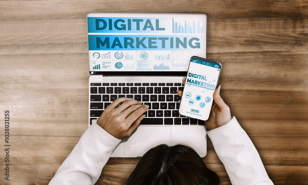 Poster digital marketing technology solution for online business concept - graphic interface showing analyt