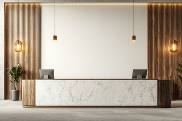 Elegant  panoramic view of a modern office reception with a blank white wall, marble counter, and wooden accents in cinematic lighting