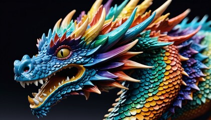 Obraz premium An exquisite ceramic miniature dragon, crafted with detailed scales and vibrant colors, ideal for enhancing fantasy-themed decor or as a unique gift for fantasy enthusiasts, Generative AI
