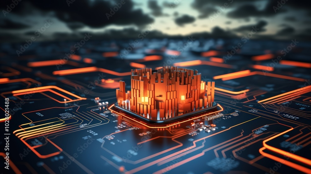 Poster a close-up view of a circuit board with orange glowing microchips and intricate pathways