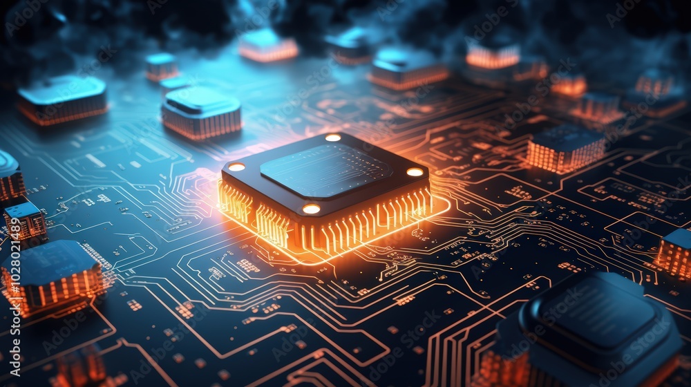 Poster a close-up view of a circuit board with orange glowing microchips and intricate pathways