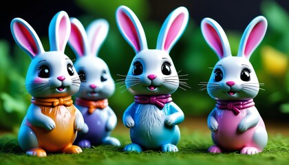 An adorable ceramic miniature bunny family with different expressions, designed with bright colors and playful poses, ideal for enhancing children's play areas or as a unique gift , Generative AI