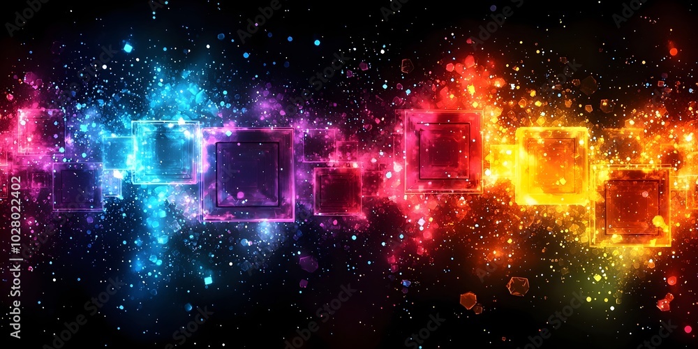 Aufkleber a vibrant abstract background with colorful squares and glowing particles.