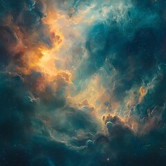 A stunning abstract digital painting of a nebula, featuring a vibrant mix of teal, blue, and orange clouds.